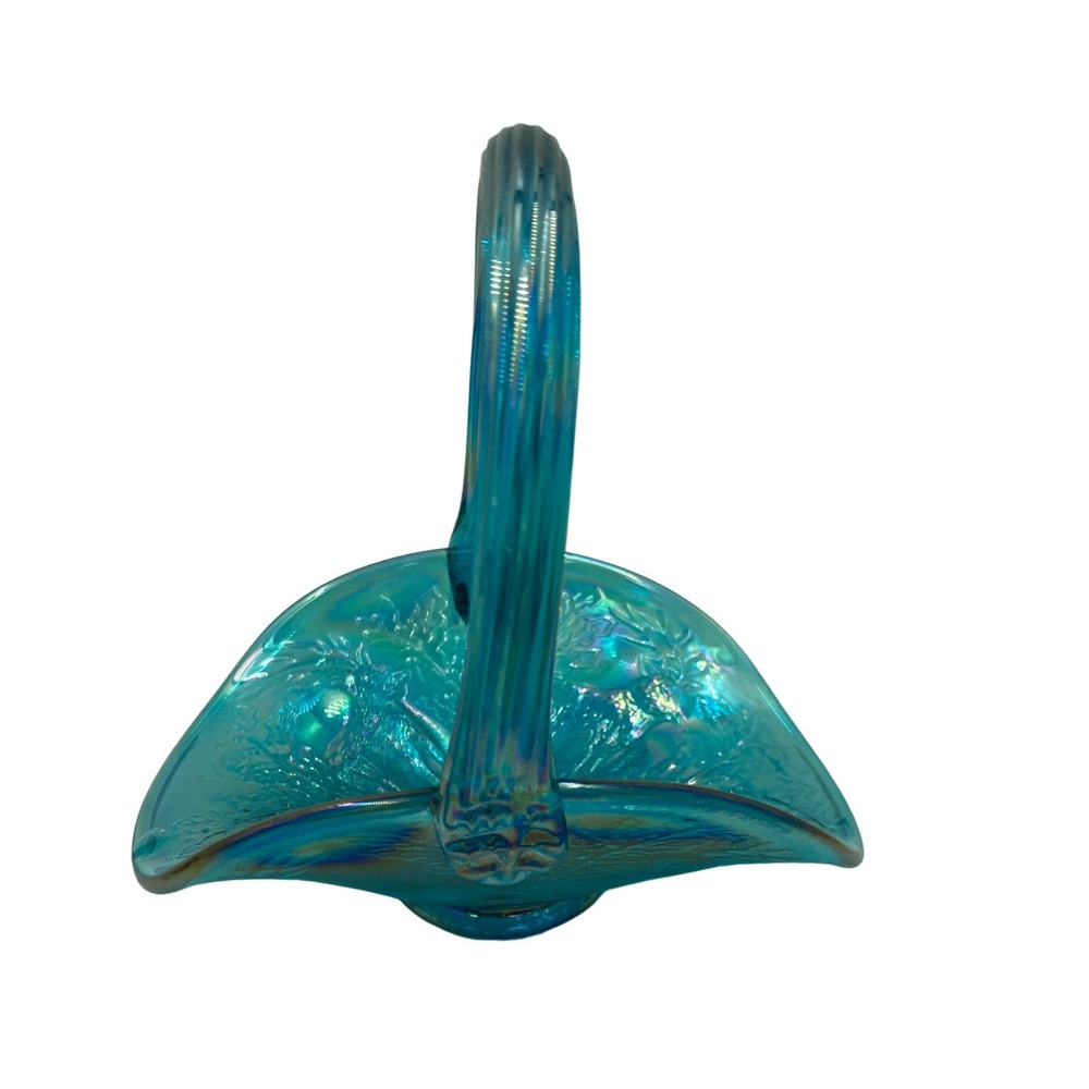 Fenton Encore Carnival Glass Deer Holly Glass Basket Blue Iridescent Vintage